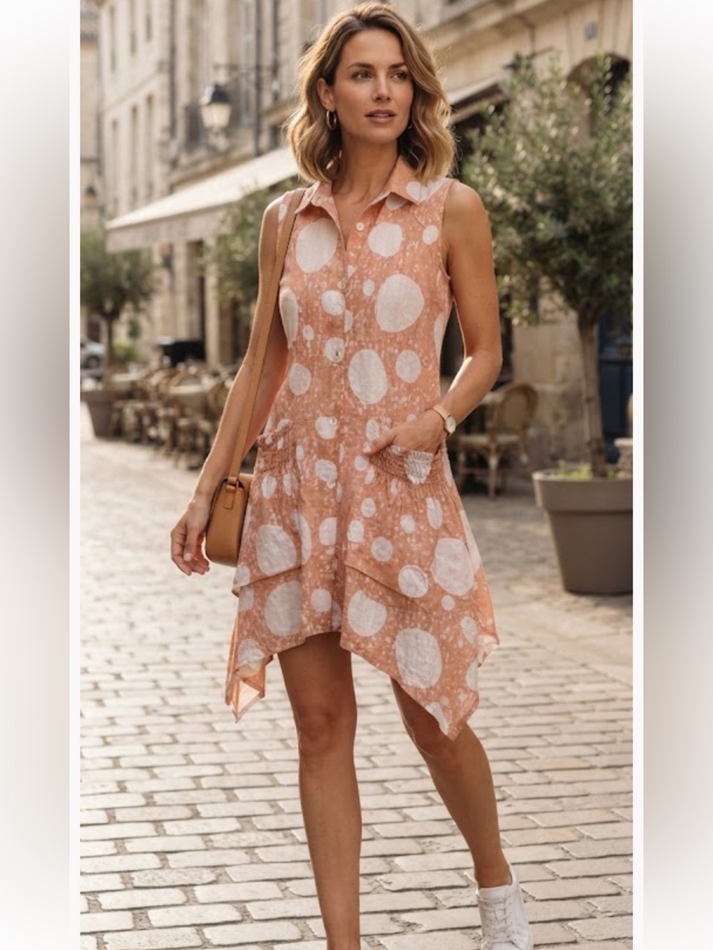 Unbranded Peach Polka Dot Sleeveless Button Dress for Women’s